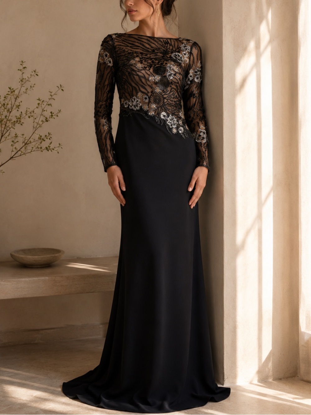 Tadashi Shoji Sequin Lace Floral Bodice Dress Long Sleeve Black CDU16206LXY